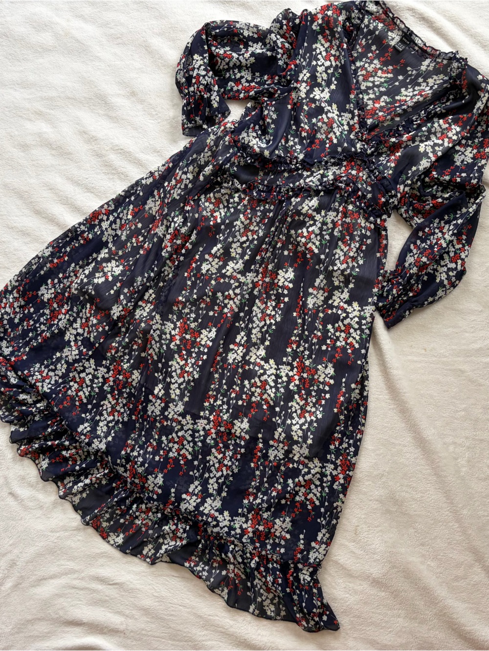 Navy Floral Women's Dress with Ruffle Waist